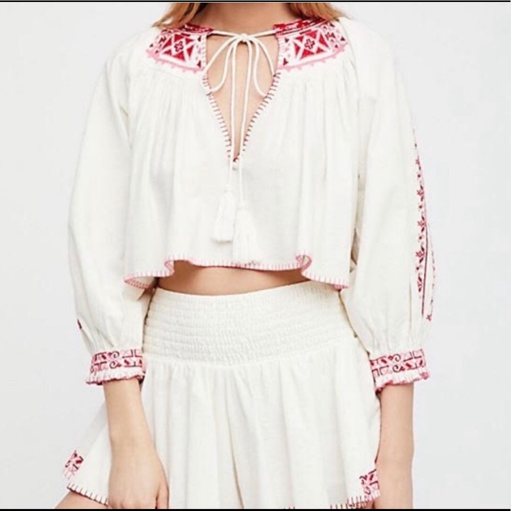 Free People Red @ Pink Peasant Crop Short  Set